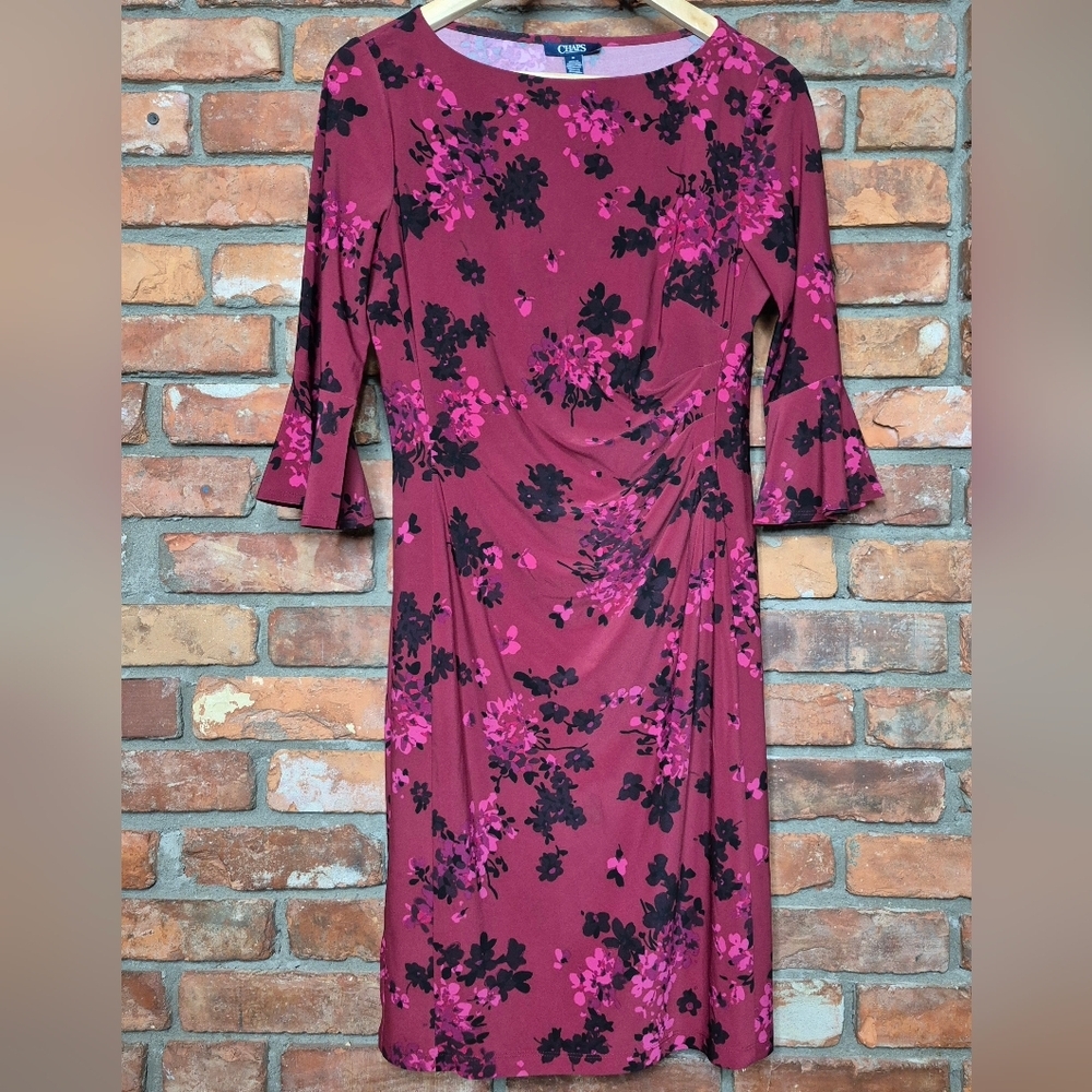 Chaps Red Floral Ruched Dress Size M Knee Length Bell Sleeve Stretch Lined Front - Picture 2 of 6